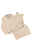 Oatmeal V-Neck Vest, Button-Up Cardigan, and Pants Pajama Set