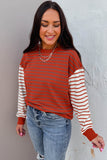 Rust Striped Contrast Sleeve Drop Shoulder Long Sleeve Sweatshirt