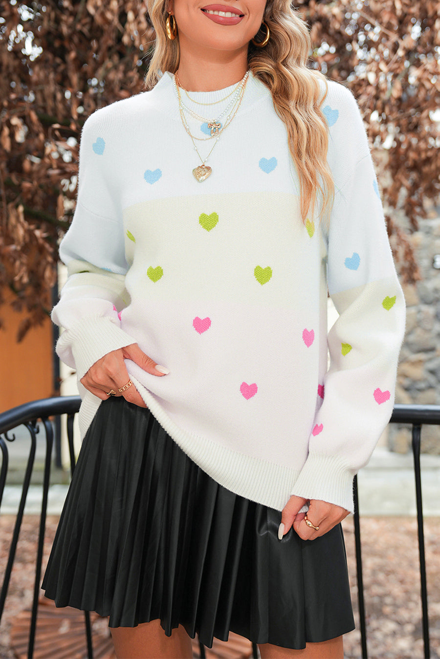 Multicolored Hearts Color Block High Neck Sweater