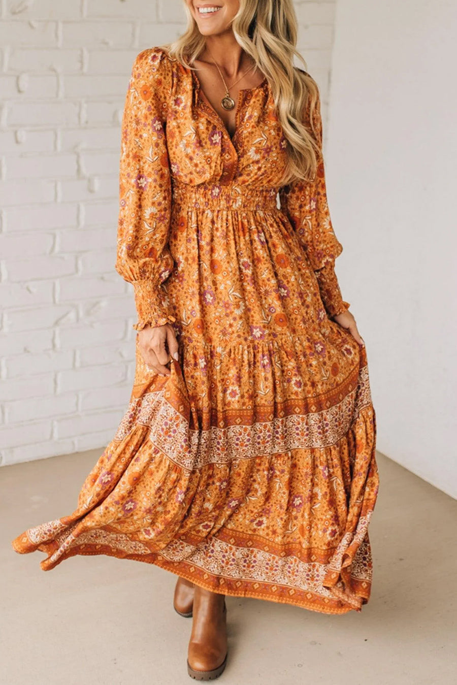 Orange Bohemian Floral Print Smocked Waist Long Sleeve Maxi Dress