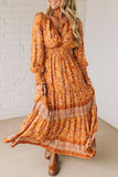 Orange Bohemian Floral Print Smocked Waist Long Sleeve Maxi Dress