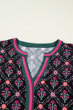 Black Floral Contrast Trim V-Neck Lantern Sleeve Blouse