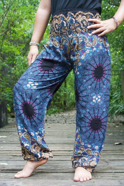Unisex Bohemian Mandala Paisley Harem Pants- Blue Multi