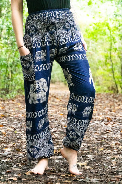 Unisex Bohemian Elephant Fence Harem Pants- Blue