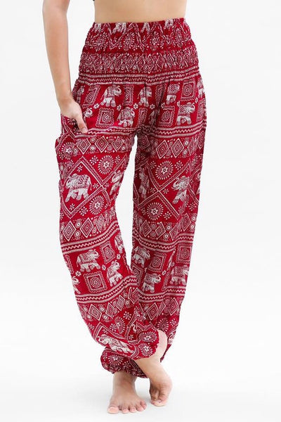 Unisex Bohemian Elephant Diamond Print Harem Pants- Burgundy