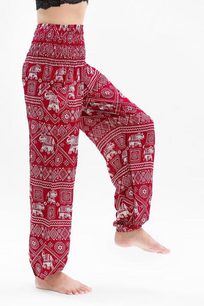 Unisex Bohemian Elephant Diamond Print Harem Pants- Burgundy