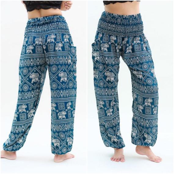 Unisex Bohemian Elephant Diamond Print Harem Pants- Teal