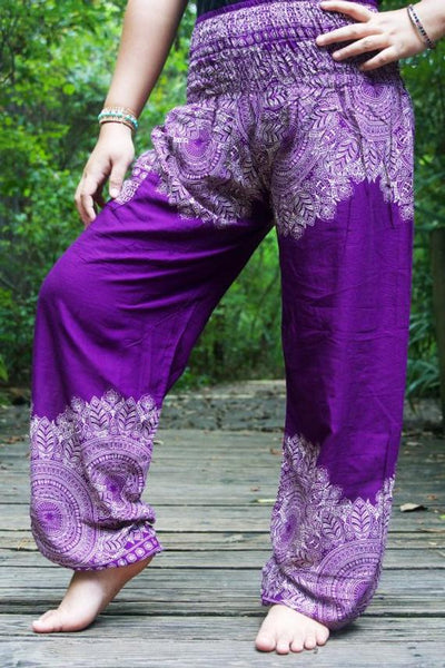 Unisex Bohemian Floral Scroll Harem Pants- Purple