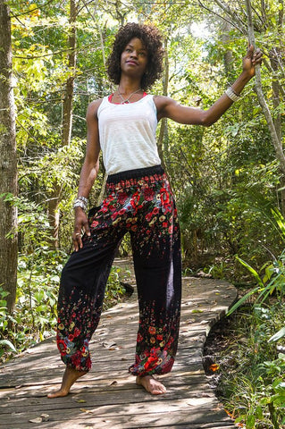 Unisex Bohemian Floral Harem Pants- Black Multi