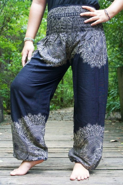 Unisex Bohemian Floral Scroll Harem Pants- Black