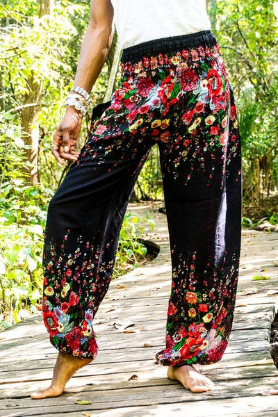 Unisex Bohemian Floral Harem Pants- Black Multi