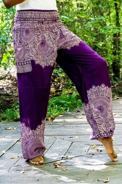 Unisex Bohemian Floral Scroll Harem Pants- Purple