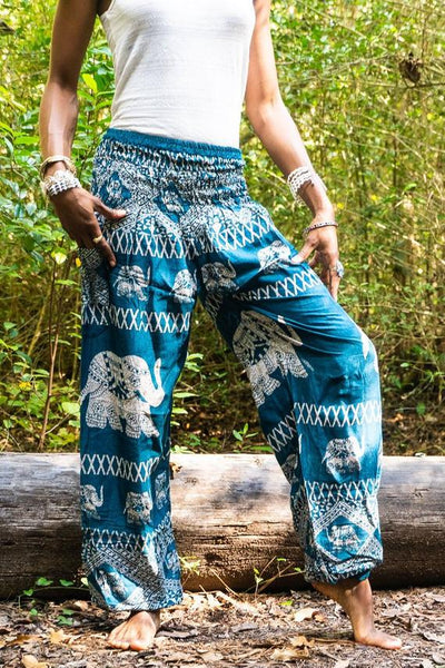 Unisex Bohemian Elephant Coil Print Harem Pants- Teal