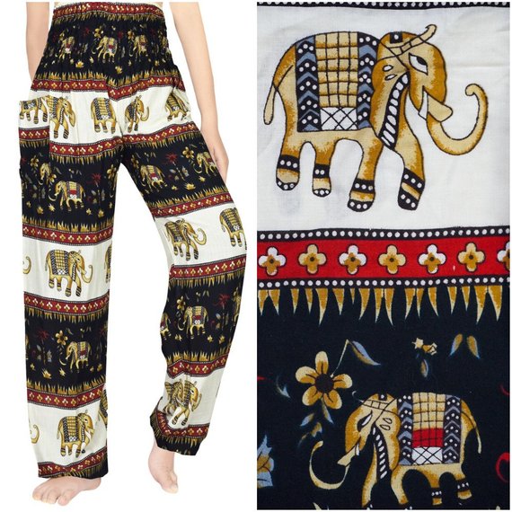 Unisex Bohemian Elephant Striped Harem Pants- Black/White
