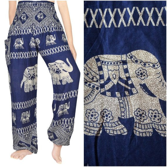 Unisex Bohemian Elephant Fence Harem Pants- Blue