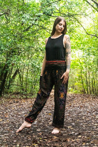 Unisex Bohemian Peacock Feather Plume Harem Pants- Black Multi