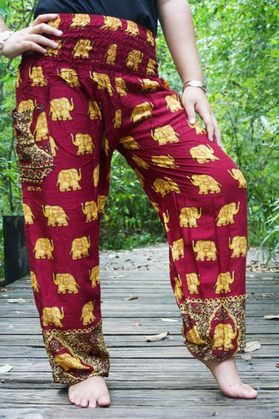 Unisex Bohemian Elephant Print Motif Harem Pants- Burgundy/Yellow