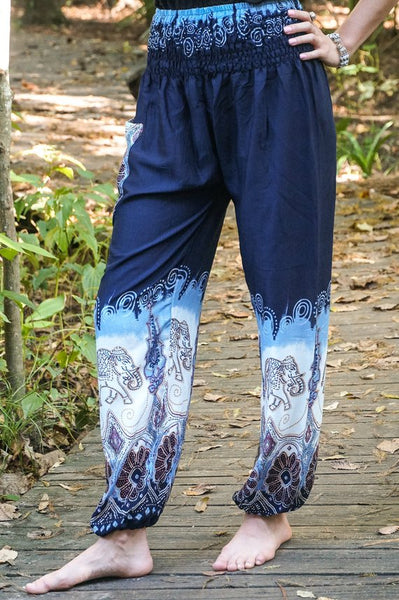 Unisex Bohemian Elephant Tie-Dye Harem Pants- Blue