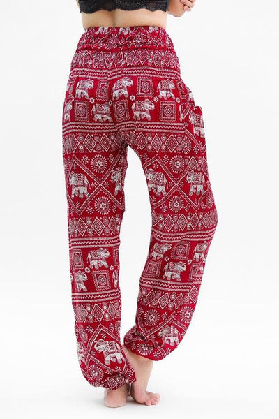 Unisex Bohemian Elephant Diamond Print Harem Pants- Burgundy