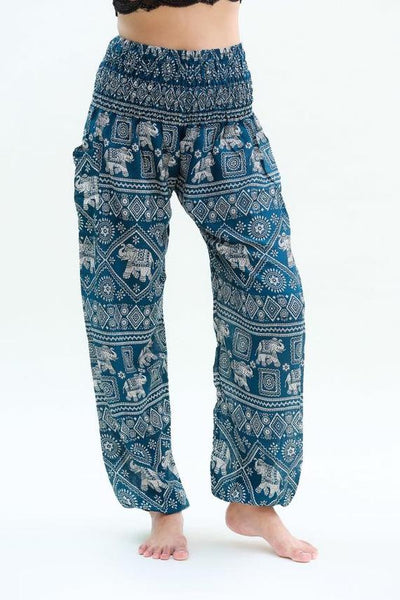 Unisex Bohemian Elephant Diamond Print Harem Pants- Teal