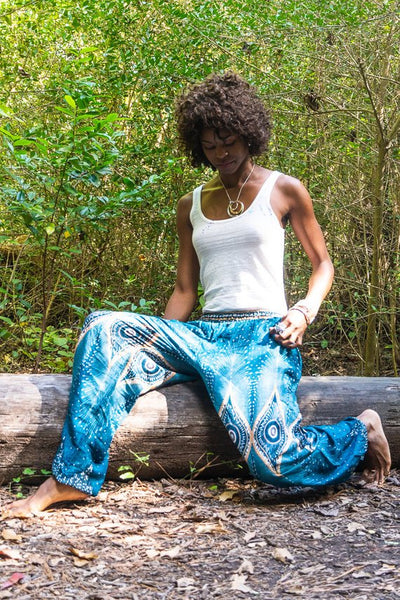 Unisex Bohemian Peacock Feather Plume Harem Pants- Teal/Cream