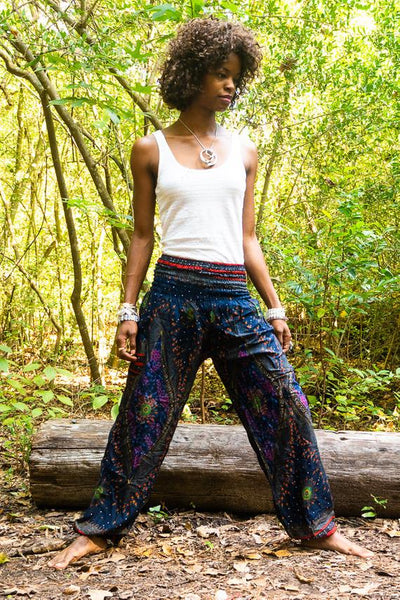 Unisex Bohemian Peacock Feather Plume Harem Pants- Blue Multi