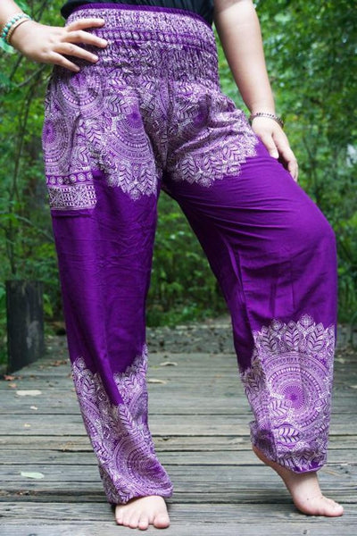 Unisex Bohemian Floral Scroll Harem Pants- Purple