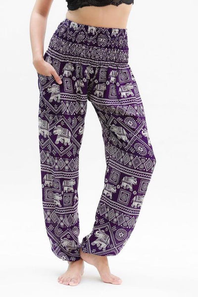 Unisex Bohemian Elephant Diamond Print Harem Pants- Purple