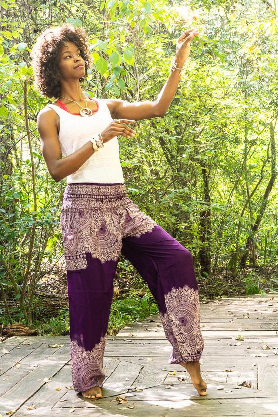 Unisex Bohemian Floral Scroll Harem Pants- Purple