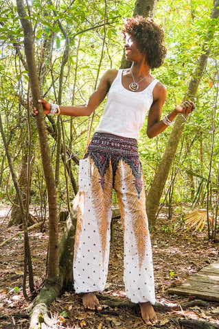 Unisex Bohemian Peacock Feather Plume Harem Pants- White Multi