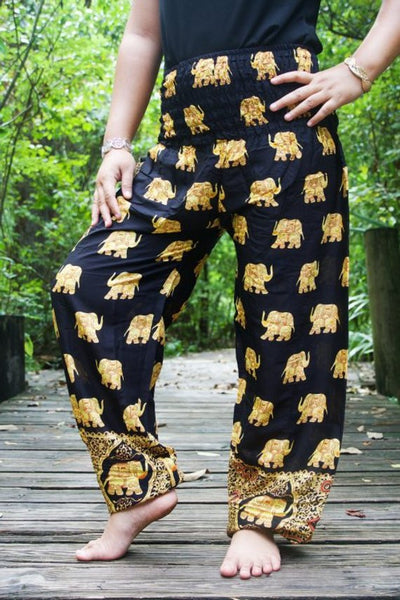 Unisex Bohemian Elephant Print Motif Harem Pants- Black/Yellow