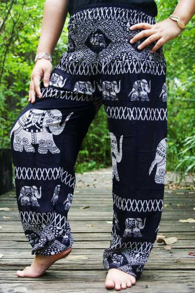 Unisex Bohemian Elephant Coil Print Harem Pants- Black