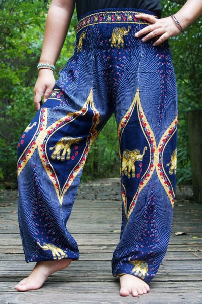 Unisex Bohemian Peacock Feather Elephant Harem Pants- Navy
