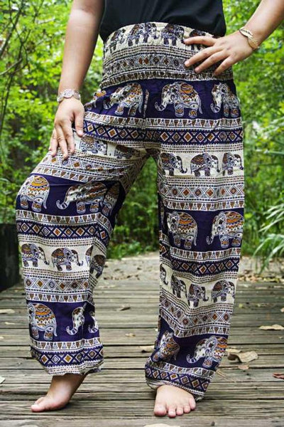 Unisex Bohemian Elephant Tribal Harem Pants- Navy/Cream
