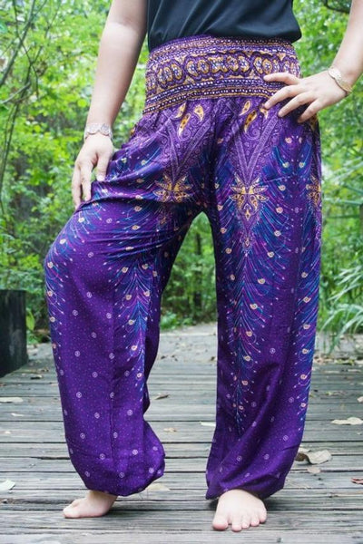 Unisex Bohemian Peacock Feather Plume Harem Pants- Purple Multi