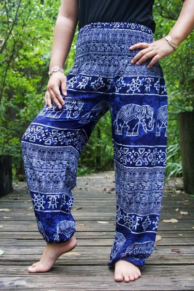 Unisex Bohemian Elephant Symbols Print Harem Pants- Blue