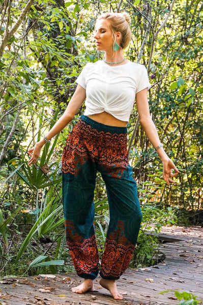 Unisex Bohemian Mandala Floral Harem Pants- Teal/Orange