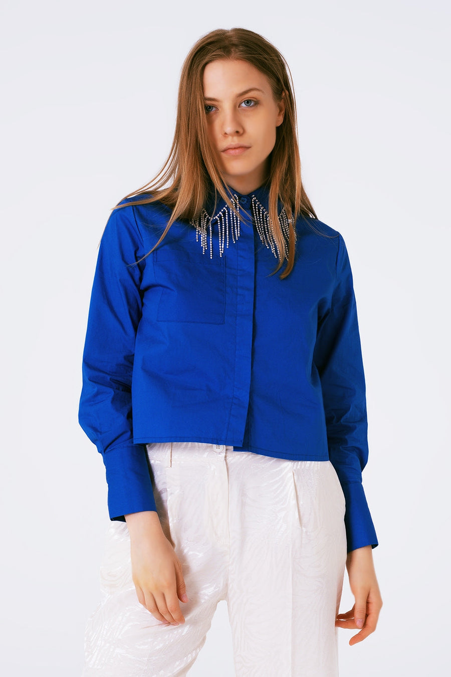 Rhinestone Fringe Collar Button-Down Blouse- Royal Blue