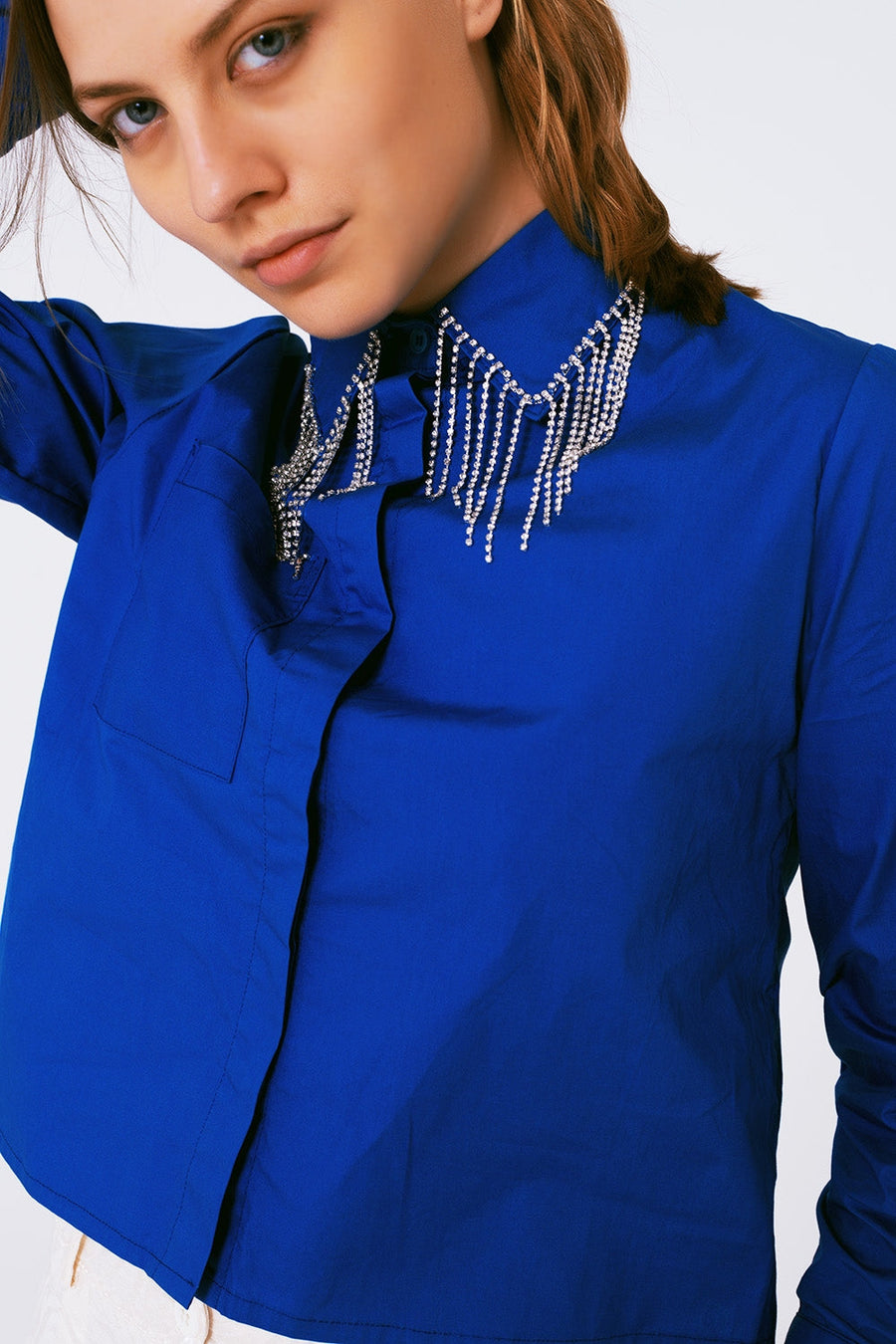 Rhinestone Fringe Collar Button-Down Blouse- Royal Blue