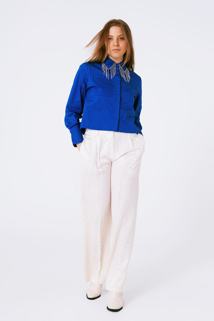 Rhinestone Fringe Collar Button-Down Blouse- Royal Blue