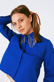Rhinestone Fringe Collar Button-Down Blouse- Royal Blue