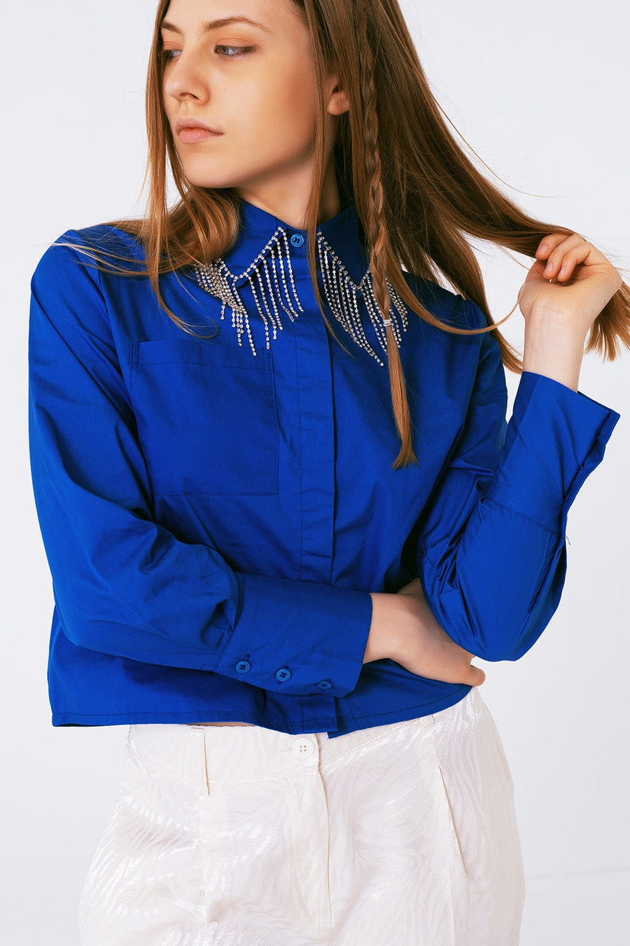 Rhinestone Fringe Collar Button-Down Blouse- Royal Blue