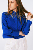 Rhinestone Fringe Collar Button-Down Blouse- Royal Blue