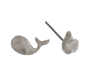 Matte Silver Tone Post Earrings- Whale