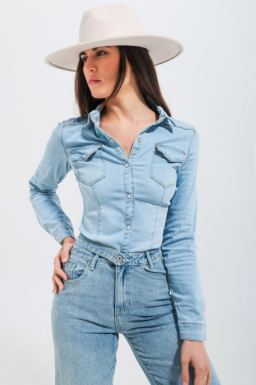 Skinny Fit Western Denim Shirt- Light Wash Blue