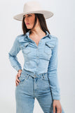Skinny Fit Western Denim Shirt- Light Wash Blue