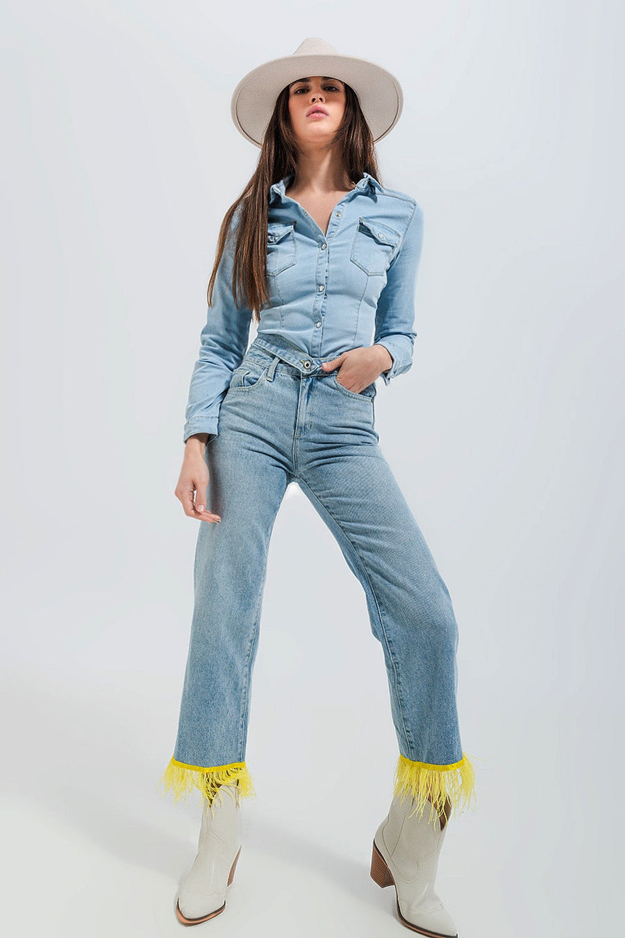 Skinny Fit Western Denim Shirt- Light Wash Blue