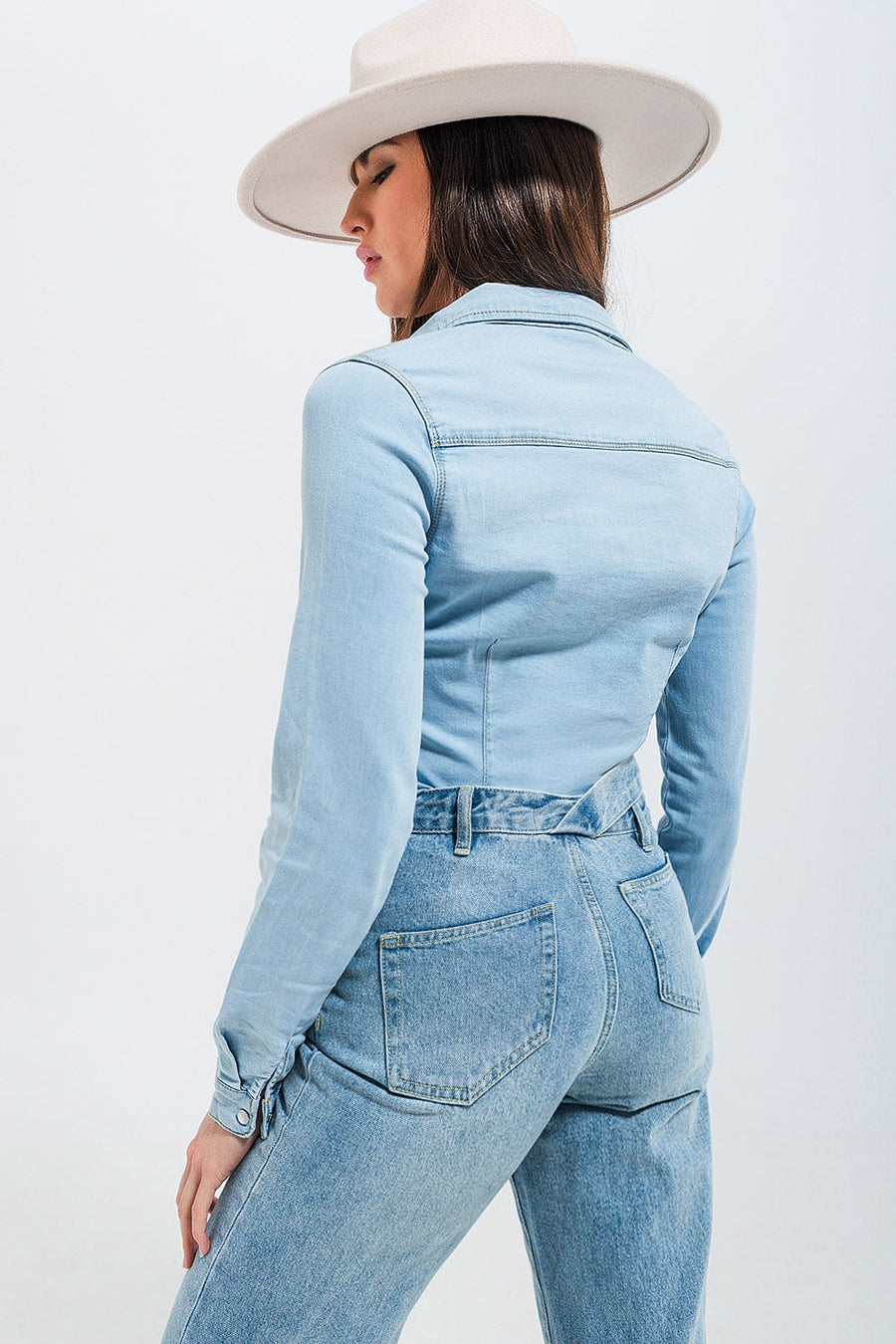 Skinny Fit Western Denim Shirt- Light Wash Blue
