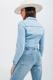 Skinny Fit Western Denim Shirt- Light Wash Blue