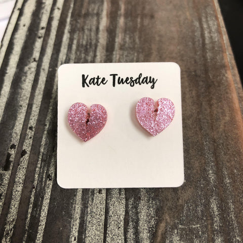 Pink Broken Heart Glitter Stud Earrings